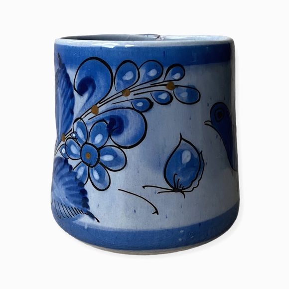 Vintage Signed Tonala Mug w/Hand Painted Bird Flowers Blue Mexican Pottery Boho - Picture 2 of 8